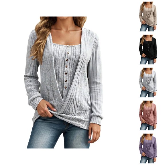 Womens Tops Casual Pullover Sweaters Oversized Trendy Back to School Knit Sweater Pullover Winter Button Down Cardigan Style Soft Cozy Casual Long Sleeve Crewneck Fall Fashion