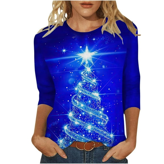 Womens Tops Casual Round Neck Christmas Print Three Quarter Sleeve Versatile Blue Womens T Shirts L