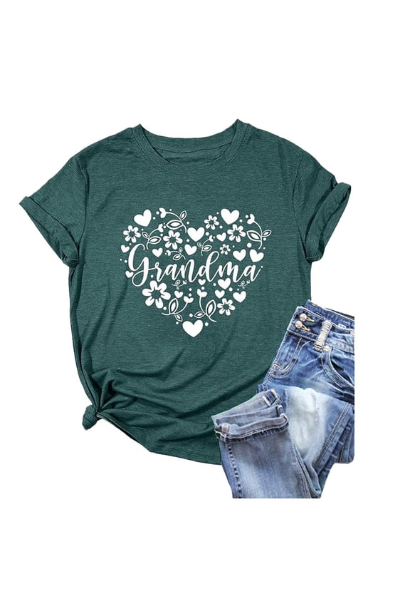 Womens Tops Casual Round Neck Letter Printed Grandma Colored Short Sleeved Top Shirts for Women Army Green L