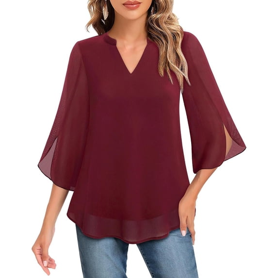 Womens Tops Casual Ruffle 3/4 Sleeve V Neck Double Chiffon Blouses Tops