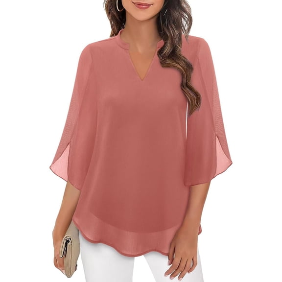 Womens Tops Casual Ruffle 3/4 Sleeve V Neck Double Layers Chiffon Blouses Tops