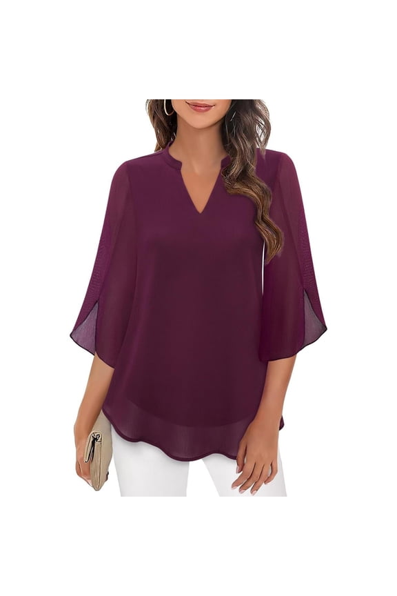 Womens Tops Casual Ruffle 3/4 Sleeve V Neck Double Layers Chiffon Blouses Tops