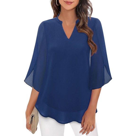 Womens Tops Casual Ruffle 3/4 Sleeve V Neck Double Layers Chiffon Blouses Tops