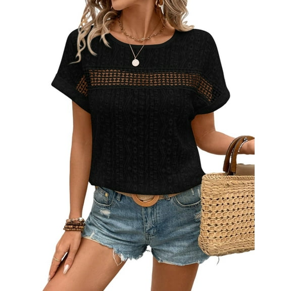 Womens Tops Casual Scoop Neck Short Sleeve Embroidered Lace Hollow Out Shirts Loose Tunic Knit Boho Blouses Black S