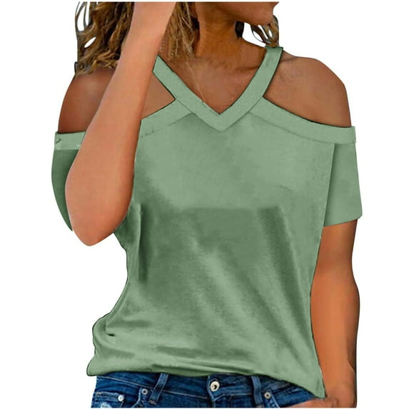 Womens Tops Casual Sevevn Women's Summer Fashion Solid Color V-Neck Off Shoulder Casual Short Sleeved Top