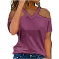 thumbnail image 1 of Womens Tops Casual Sevevn Women's Summer Fashion Solid Color V-Neck Off Shoulder Casual Short Sleeved Top, 1 of 5