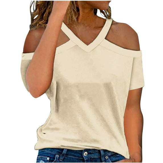 Womens Tops Casual Sevevn Women's Summer Fashion Solid Color V-Neck Off Shoulder Casual Short Sleeved Top