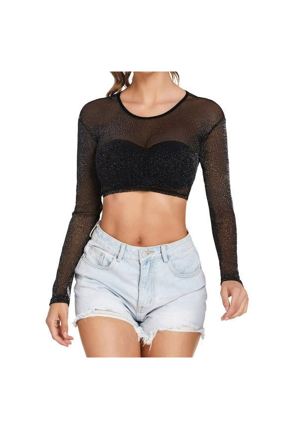 Womens Tops Casual Shirt Sheer Mesh Long Sleeve Crop Tee Blouses,Black,S