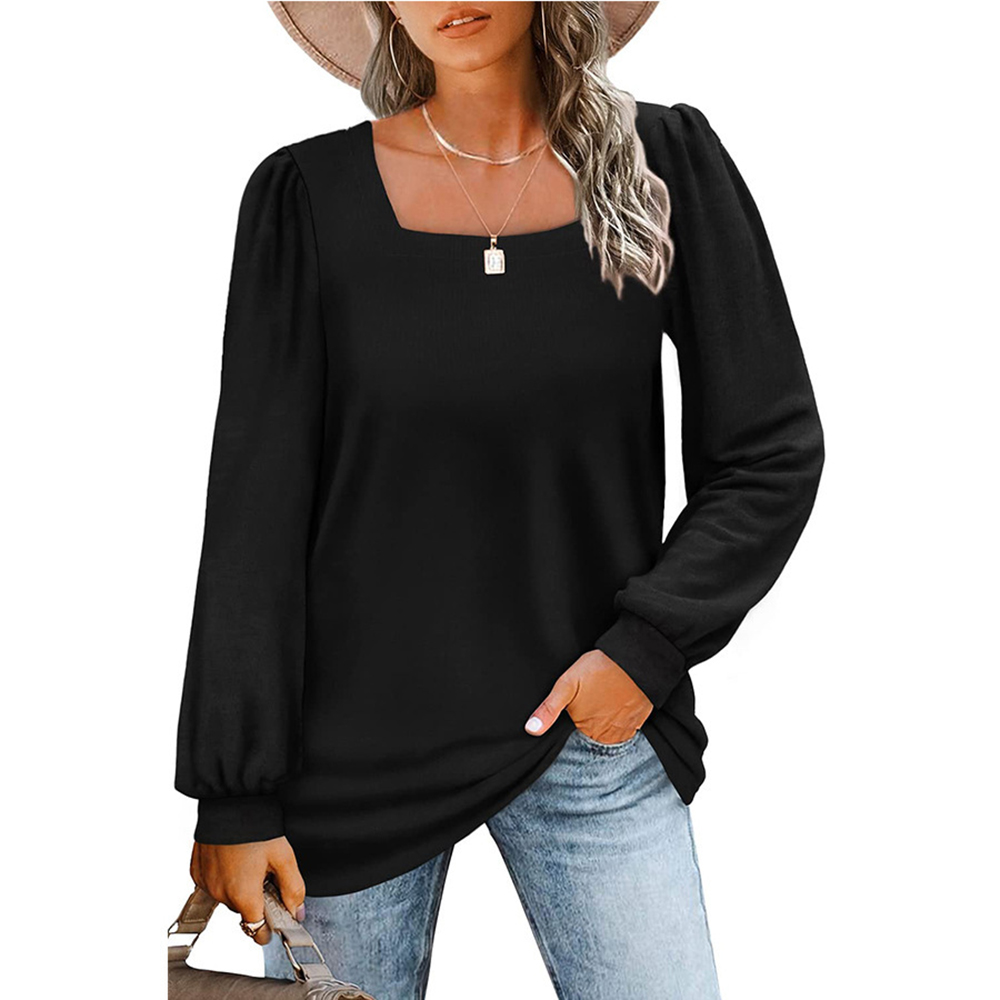 Womens Tops Casual Square Neck Puff Long Sleeve T Shirts Loose Fit Tops ...