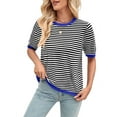 thumbnail image 1 of Womens Tops Casual Summer Crewneck Short Sleeve Striped Color Block Knit High Low Trendy Pullover Sweaters Black & Blue XXL, 1 of 9