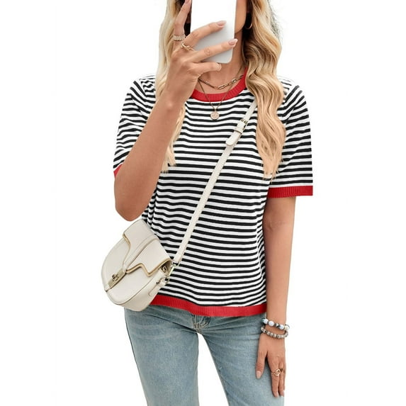 Womens Tops Casual Summer Crewneck Short Sleeve Striped Color Block Knit High Low Trendy Pullover Sweaters Black & Red XL