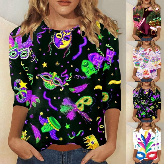 Womens Tops Casual T Shirts 3/4 Sleeve Carnival Print Party Festival Gift Clothes Black