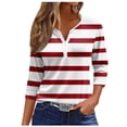 thumbnail image 1 of Womens Tops Casual T Shirts 3/4 Sleeve Half Button V Neck Stripe Print Trendy Outfits Brick Red L, 1 of 5