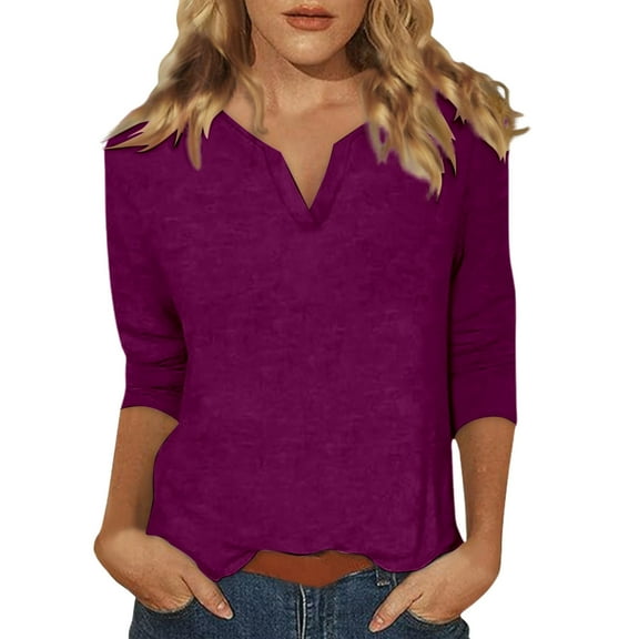 Womens Tops Casual T Shirts 3/4 Sleeve Solid Color V Neck Slim Fit Trendy Outfits