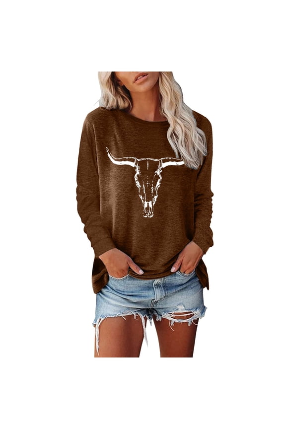 Womens Tops Casual T Shirts Cow Cartoon Graphic Print Long Sleeve Workout Clothes Brown