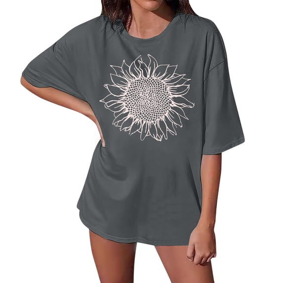 Womens Tops Casual T Shirts Oversized Loose Short Sleeve Sunflower Print Summer 2025 Fall Clothes