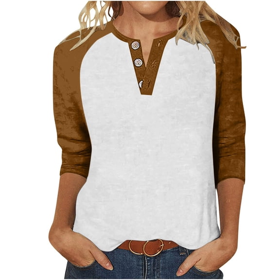Womens Tops Casual T Shirts Patchwork 3/4 Sleeve Half Button V Neck Fashion Clothing