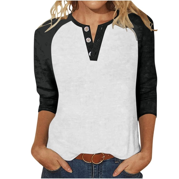 Womens Tops Casual T Shirts Patchwork 3/4 Sleeve Half Button V Neck Workout Clothes