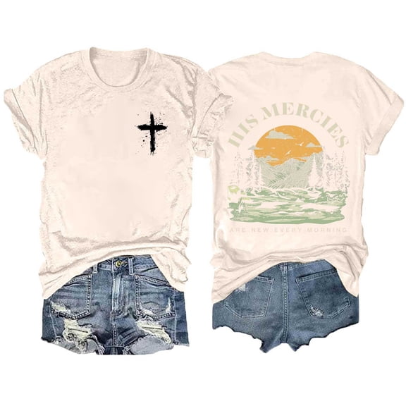 Womens Tops Casual T Shirts Printed Round Neck Solid Color Short Sleeved Fashion Clothing