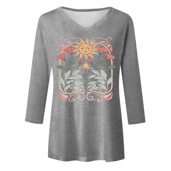 Womens Tops Casual T Shirts Printed V Neck Three Quarter Sleeve Soft Blouse Fashion Clothing