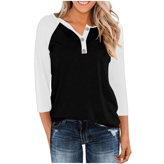 Womens Tops Casual T Shirts Raglan Three Quarter Sleeve Contras Color Half Button Trendy Outfits