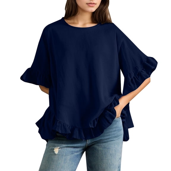 Womens Tops Casual T Shirts Solid Color Linen Loose Fit Ruffled Round Neck Short Sleeve Button Up Blouse Layer Clothes