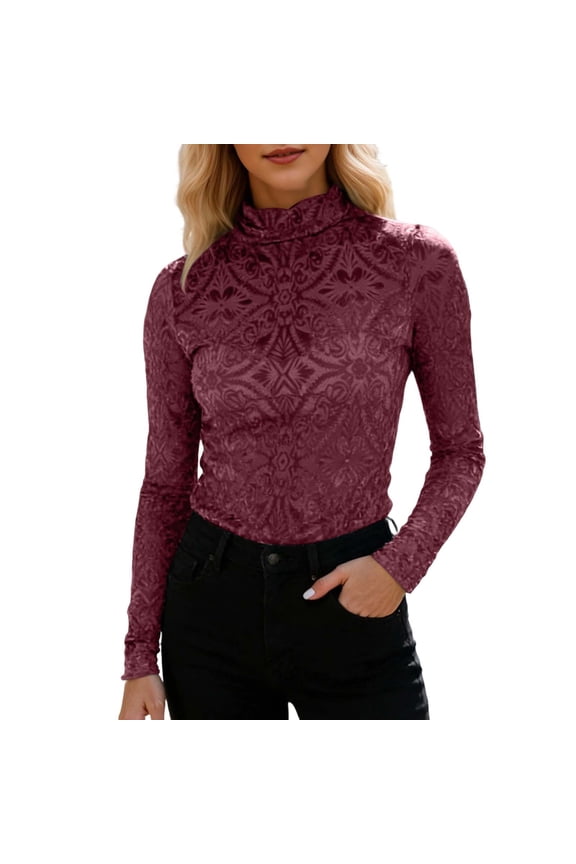 Womens Tops Casual T Shirts Velvet Turtleneck Long Sleeve Slim Fit Textured Knit Dressy Clothes Black