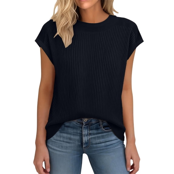 Womens Tops, Casual Tops for Women, Summer Tops, Crew Neck T Shirts for Women, Tops for Women, Womens Summer Cropped Sweater Vest Trendy Cap Sleeve Crop Tops Crew Neck Loose Knit Tank Top, Black L