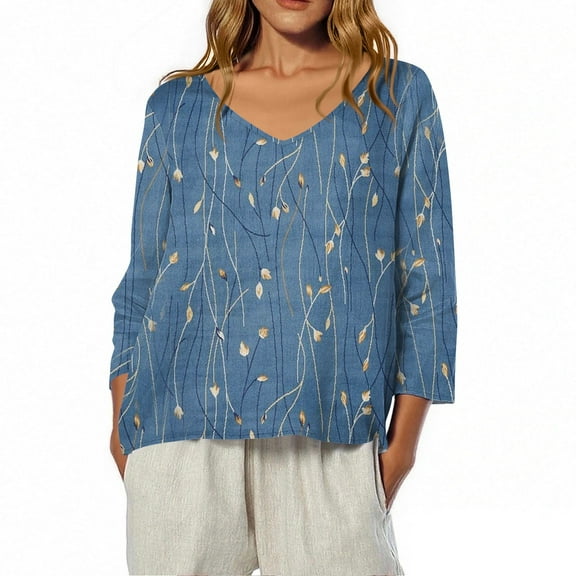 Womens Tops Casual V Neck 3/4 Sleeve Casual Tops for Women Floral Print Linen T Shirts Dressy Casual Blouse Work Tops Half Sleeve Blouses