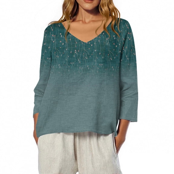 Womens Tops Casual V Neck 3/4 Sleeve Tops for Women Linen Floral Print T Shirts Dressy Casual Blouse Summer Tops Half Sleeve Tunic Tops