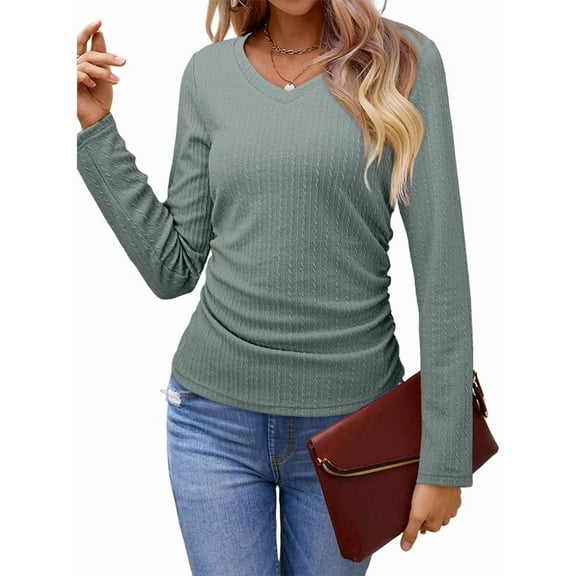 Womens Tops Casual V Neck Long Sleeve Shirts Solid Ruched Basic Tunics Blouses Green S