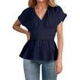 thumbnail image 1 of Womens Tops Casual V Neck Waist Cap Sleeve Pleated Blouses, 1 of 5