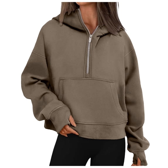 Womens Tops Casual Winter Fall Relaxed Fit Hooded Long Sleeve Bubble Off the Shoulder Half Zip Solid Color Hoodie Cotton Sweatshirts Hoodies(Brown,L)