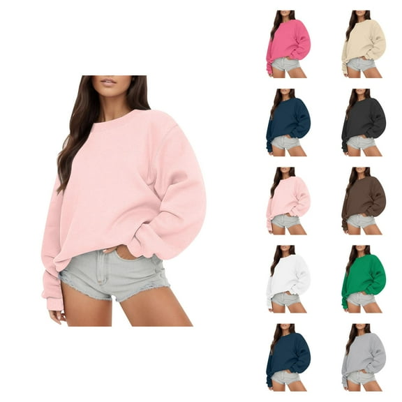 Womens Tops Casual Women's Solid Color Sweatshirt Women Long Sleeve Sweatshirt Casual Crewneck Loose Fit Pollover Hoodie Fall Tops