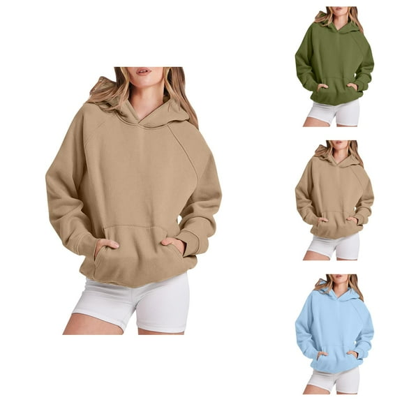 Womens Tops Casual Women's Solid Color Sweatshirt Women Solid Basic Letter Loose Hoodie Sweatshirt Long Sleeve Pocket Drop Shoulder Pullovers Top