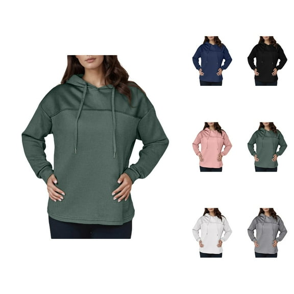 Womens Tops Casual Women's Solid Color Sweatshirt Women's Casual Hooded Long Sleeve Knit Color Block Sweatshirt