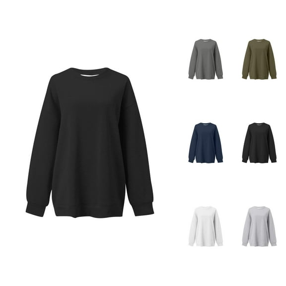 Womens Tops Casual Women's Solid Color Sweatshirt Women's Fashion Casual Solid Color Crew Neck Loose Long Sleeved Hoodie