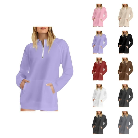 Womens Tops Casual Women's Solid Sweatshirt Women's Half Zip Pocket Hooded Sweatshirt Without