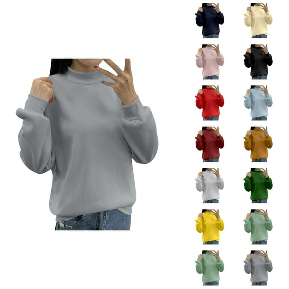 Womens Tops Casual Women's Solid Sweatshirt Women's Lined Small Turtleneck Loose Casual Long Sleeve Crew Neck Sweatshirt Solid Color Hoodless Pullover