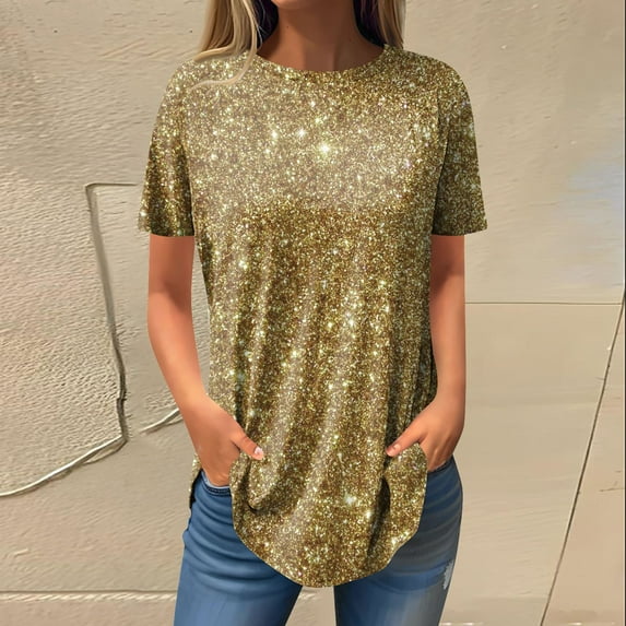 Womens Tops Casual Womens Tops Fashion Short Sleeve Crew Neck Sequin Loose Fit Pullover Shirts Tops 2024 Womens Tops(Gold,S)