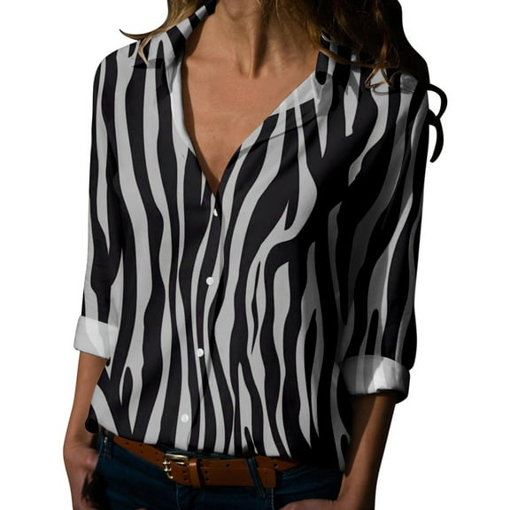 Womens Tops Casual Zebra Stripe Printed Long Sleeved V Neck T Shirt Work Blouse