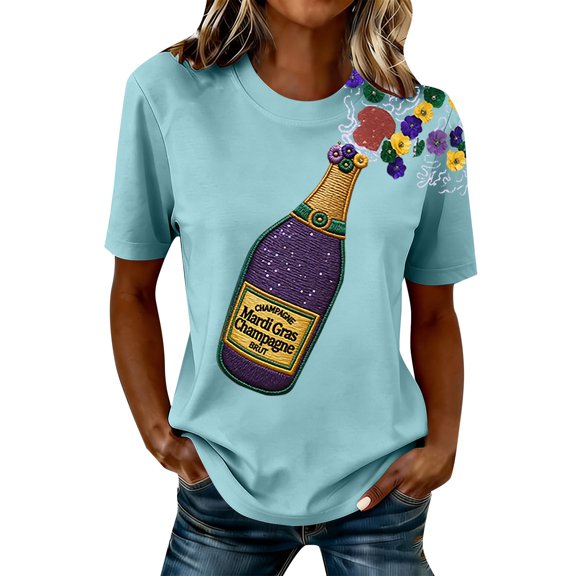 Womens Tops Champagne Flower Print Short Sleeve Casual Trendy Tops