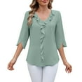 thumbnail image 1 of Womens Tops Chiffon Mid Sleeved V Neck Pleated Ruffled Loose Fit Top High-Quality Comfortable Fabric Perfect For Daily Home Vacation Beach Work Xl Sweaters For Women, 1 of 7