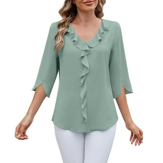 Womens Tops Chiffon Mid Sleeved V Neck Pleated Ruffled Loose Fit Top High-Quality Comfortable Fabric Perfect For Daily Home Vacation Beach Work Xl Sweaters For Women