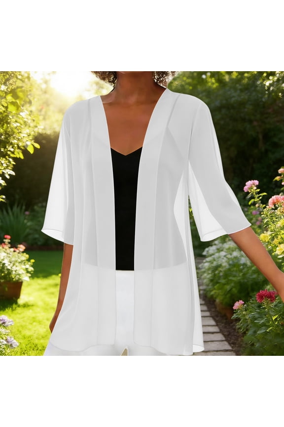 Womens Tops Chiffon Open Front Cardigans Elbow Length Sleeve Solid Color Summer T-Shirts 4th of July Shirts Women