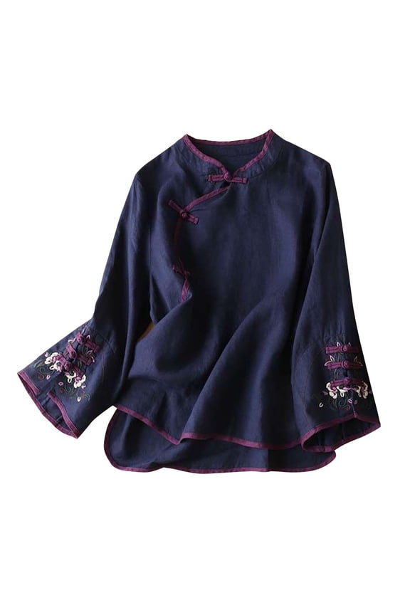 Womens Tops Chinese Traditional Embroidery Blouse Cotton Linen Bell Long Sleeve Shirt Frog Button Cheongsam Style Top 4Xl Sweaters For Women