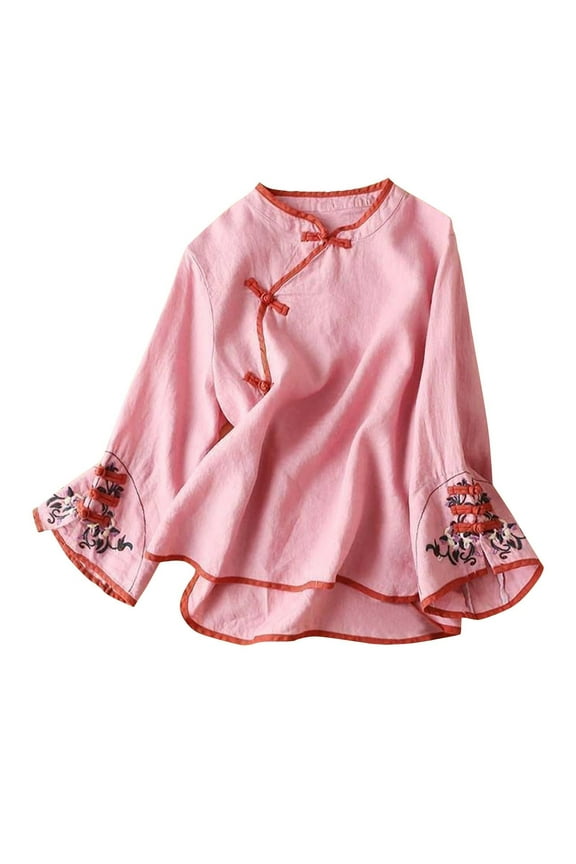 Womens Tops Chinese Traditional Embroidery Blouse Cotton Linen Bell Long Sleeve Shirt Frog Button Cheongsam Style Top 4Xl Sweaters For Women