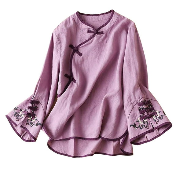 Womens Tops Chinese Traditional Embroidery Blouse Cotton Linen Bell Long Sleeve Shirt Frog Button Cheongsam Style Top 4Xl Sweaters For Women