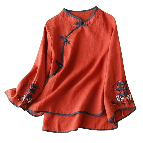 Womens Tops Chinese Traditional Embroidery Blouse Cotton Linen Bell Long Sleeve Shirt Frog Button Cheongsam Style Top L Sweaters For Women