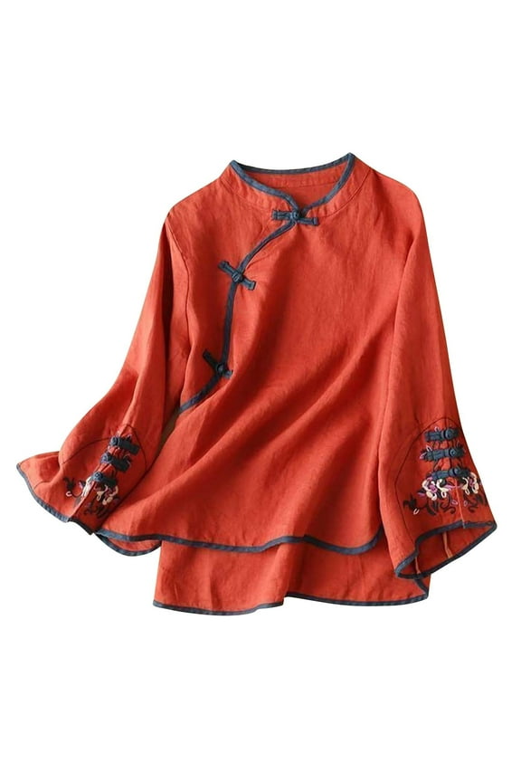 Womens Tops Chinese Traditional Embroidery Blouse Cotton Linen Bell Long Sleeve Shirt Frog Button Cheongsam Style Top Xl Sweaters For Women